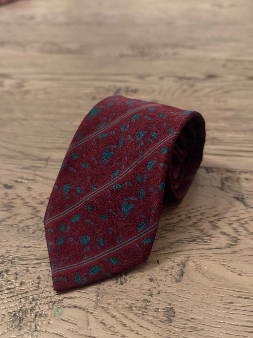 Vintage Ermenegildo Zegna Burgundy Tie with Teal Leaf Motif